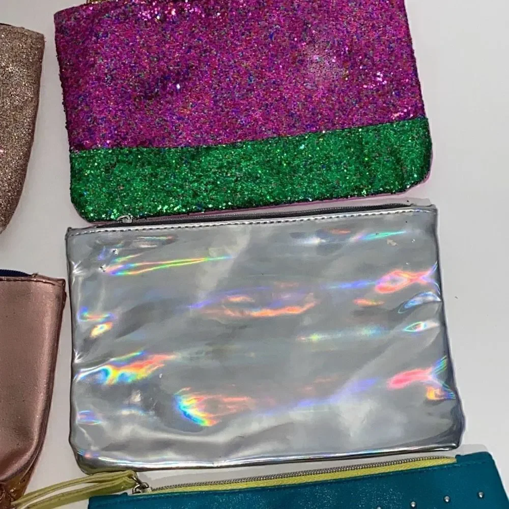 Ipsy Glam Bag Lot 6 Makeup Pouches Rose Gold Teal Studded Silver Holographic Set
